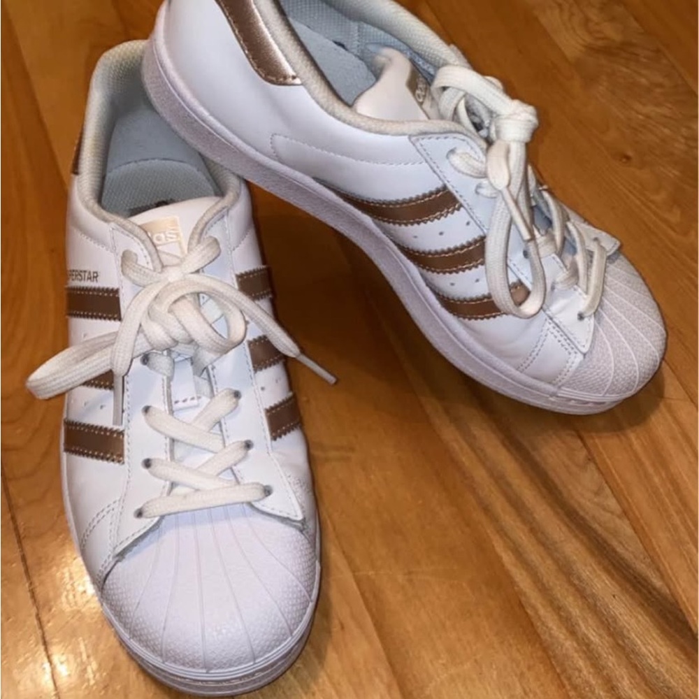Adidas White and Gold Superstar Sneakers